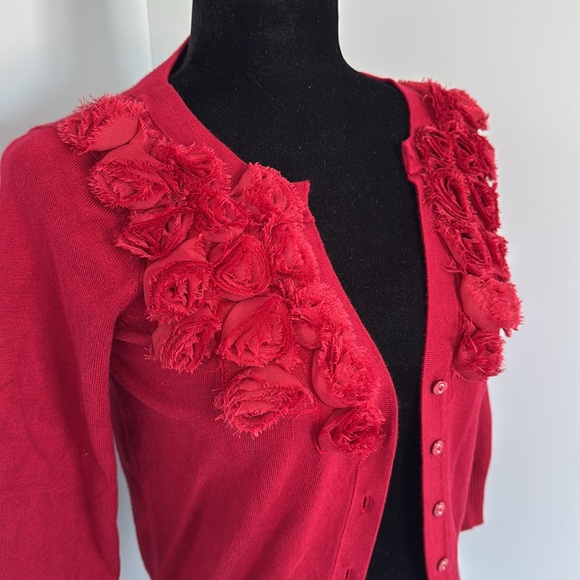 *Free gift. Boston Proper red cardigan features 3D floral pattern. - Picture 1 of 2